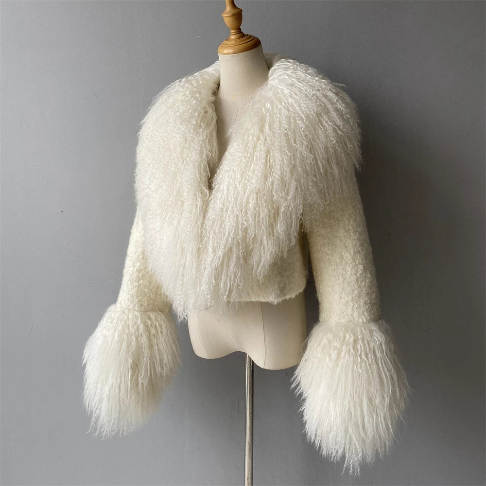 Jxwatcher Wool Coat for Women Real Mongolian Fur Collar Cuffs Winter Fashion Solid Color Tweed Cropped Jacket Fall New Arrival
