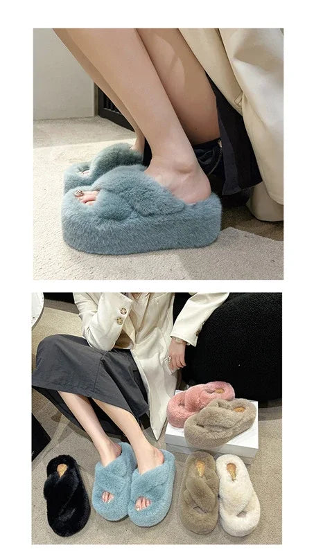 Woman Furry Ladies Faux Fur Luxury Fluffy Plush Slipper House Fuzzy Girl Platform Indoor Flat Casual sandals Round Toe Winter