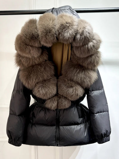 Real Fox Fur Puffer Hooded Coat. Thick Warm Waterptoof