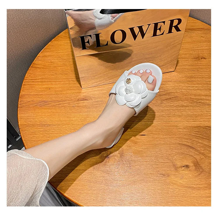 High End Luxury Flower Slippers Women Camellia Shoes Open Toe Slides Femme Outside&Home Pantuflas Sandals Ladies Flip Flops