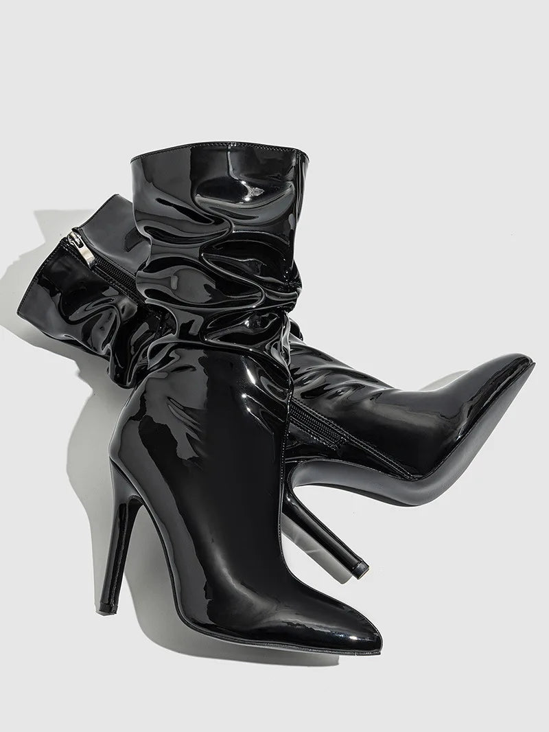 High-quality Pointed Toe Ladies Boots 11CM Stiletto Fashion Women Party Shoes Mid-Calf Boots Side Zipper Pleated High heels 42