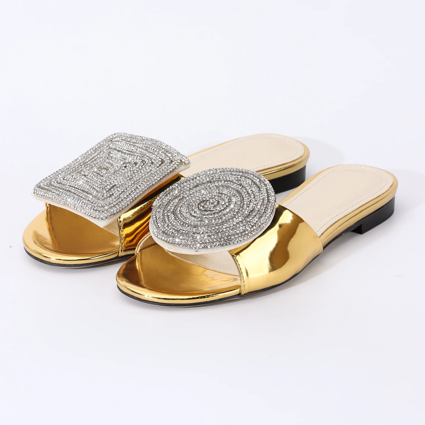 Fashion Design Women Flat Sandals 2023 Summer High Quality Women Gold Rhinestone Modern Slippers For Wedding Dress Party Shoes