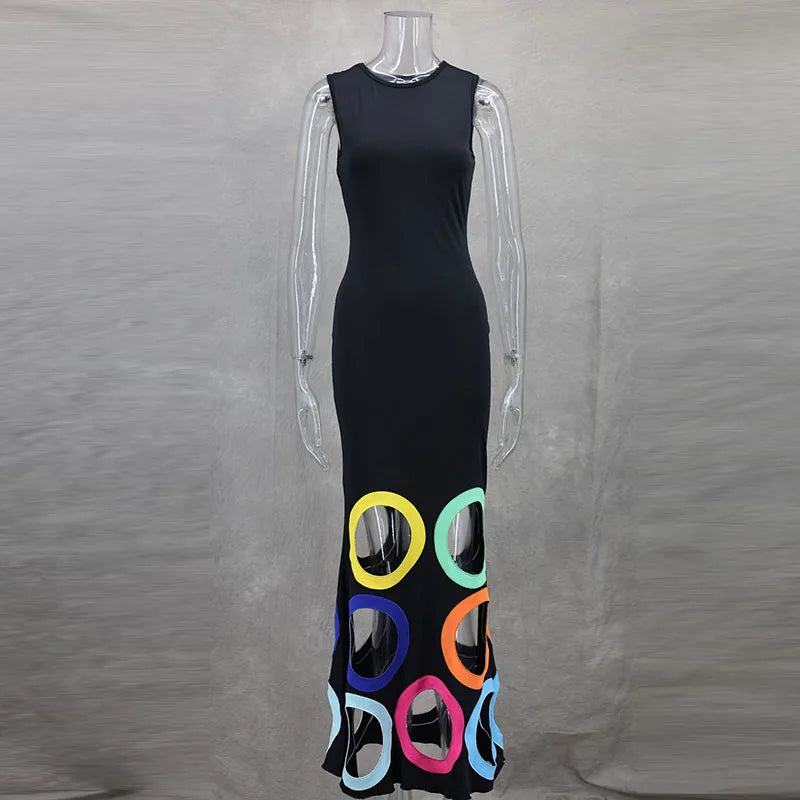 Sexy Hollow Patchwork Colorful Dot Long Dresses Elegant Women O Neck Slim A-Line Party Dress Spring Summer Sleeveless Maxi Dress