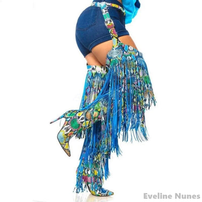 Yellow Sexy Tassel Stage Boots Women Pointed Toe Stiletto Heel Side Zipper Over The Knee Boots Colorful Snake Print Pants Boots
