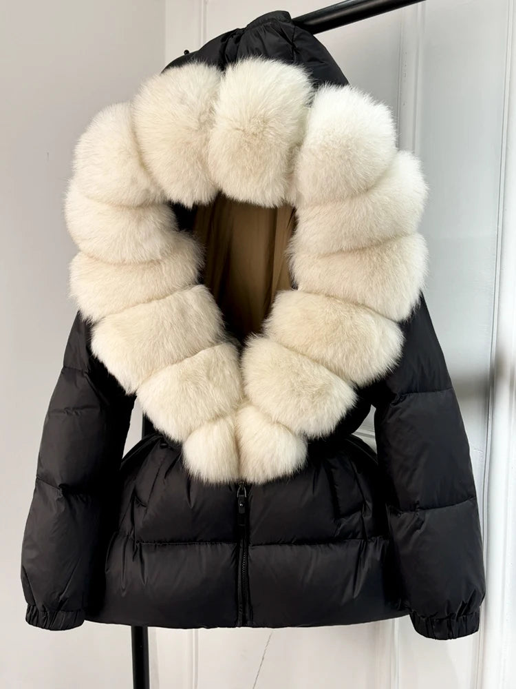 Real Fox Fur Puffer Hooded Coat. Thick Warm Waterptoof