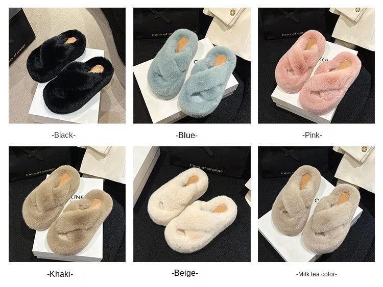 Woman Furry Ladies Faux Fur Luxury Fluffy Plush Slipper House Fuzzy Girl Platform Indoor Flat Casual sandals Round Toe Winter