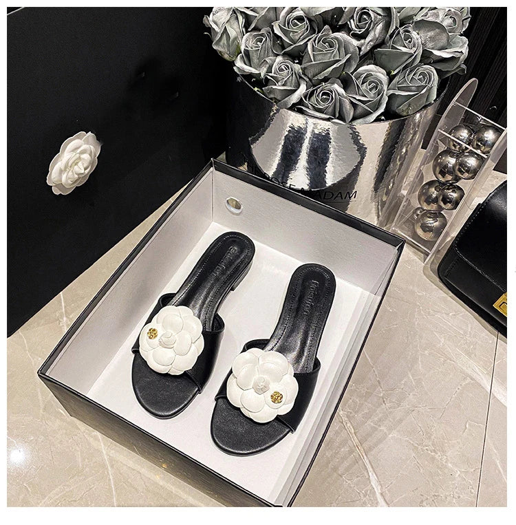 High End Luxury Flower Slippers Women Camellia Shoes Open Toe Slides Femme Outside&Home Pantuflas Sandals Ladies Flip Flops