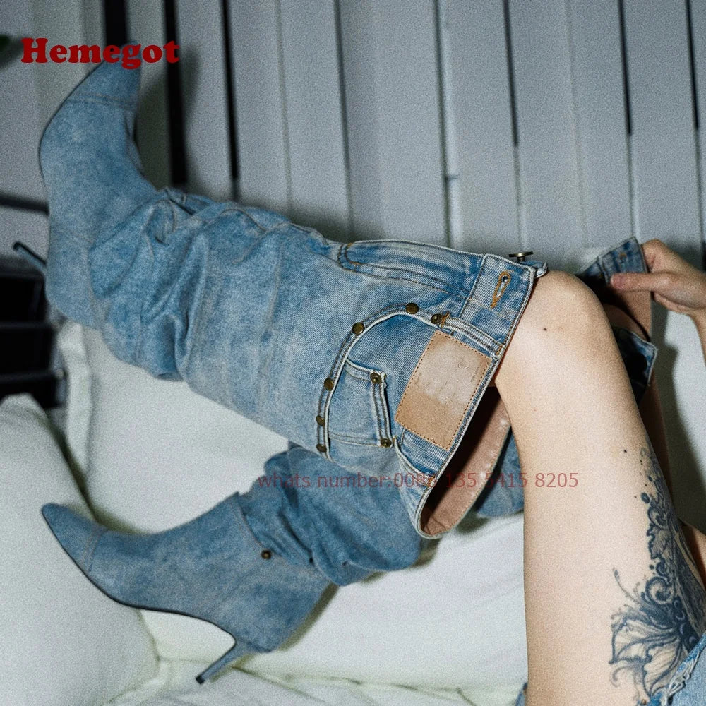 Denim Pants Boots Pointy Toe Pleated Over The Knee Boots for Women Winter 2024 Casual Rivet Pocket Decor Patchwork Luxury Shoes