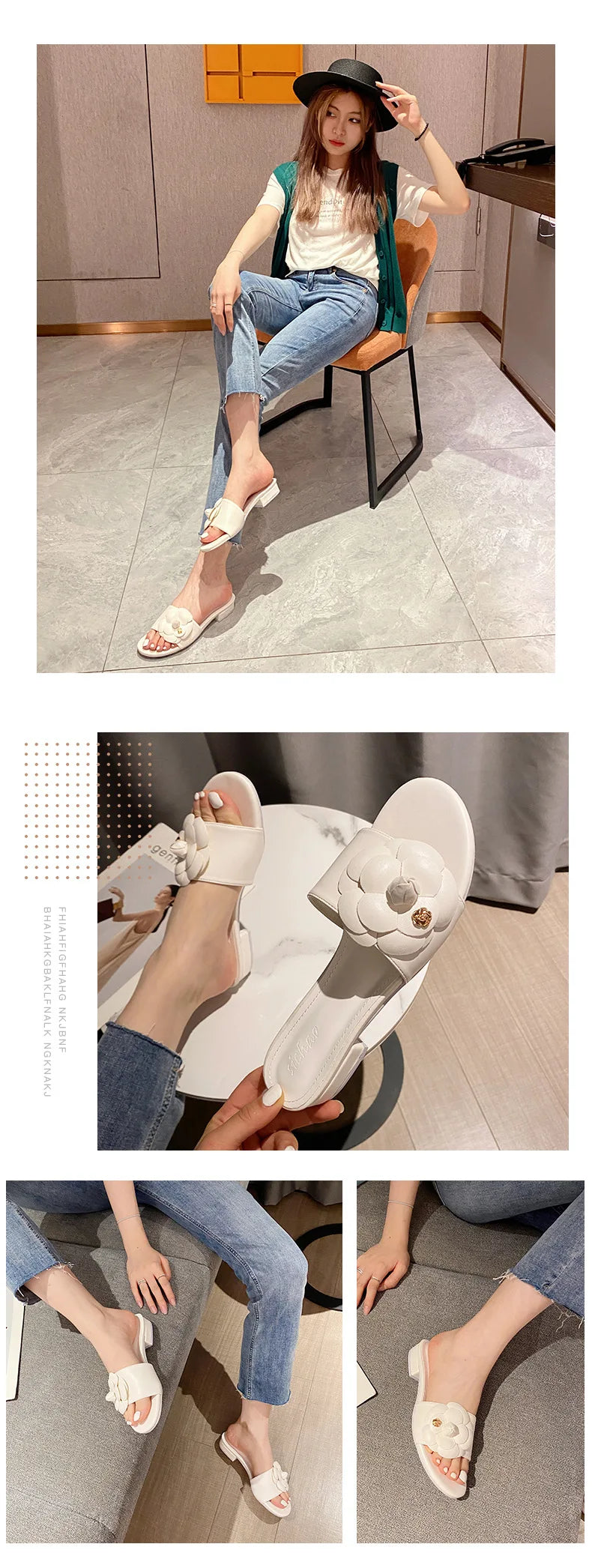 High End Luxury Flower Slippers Women Camellia Shoes Open Toe Slides Femme Outside&Home Pantuflas Sandals Ladies Flip Flops