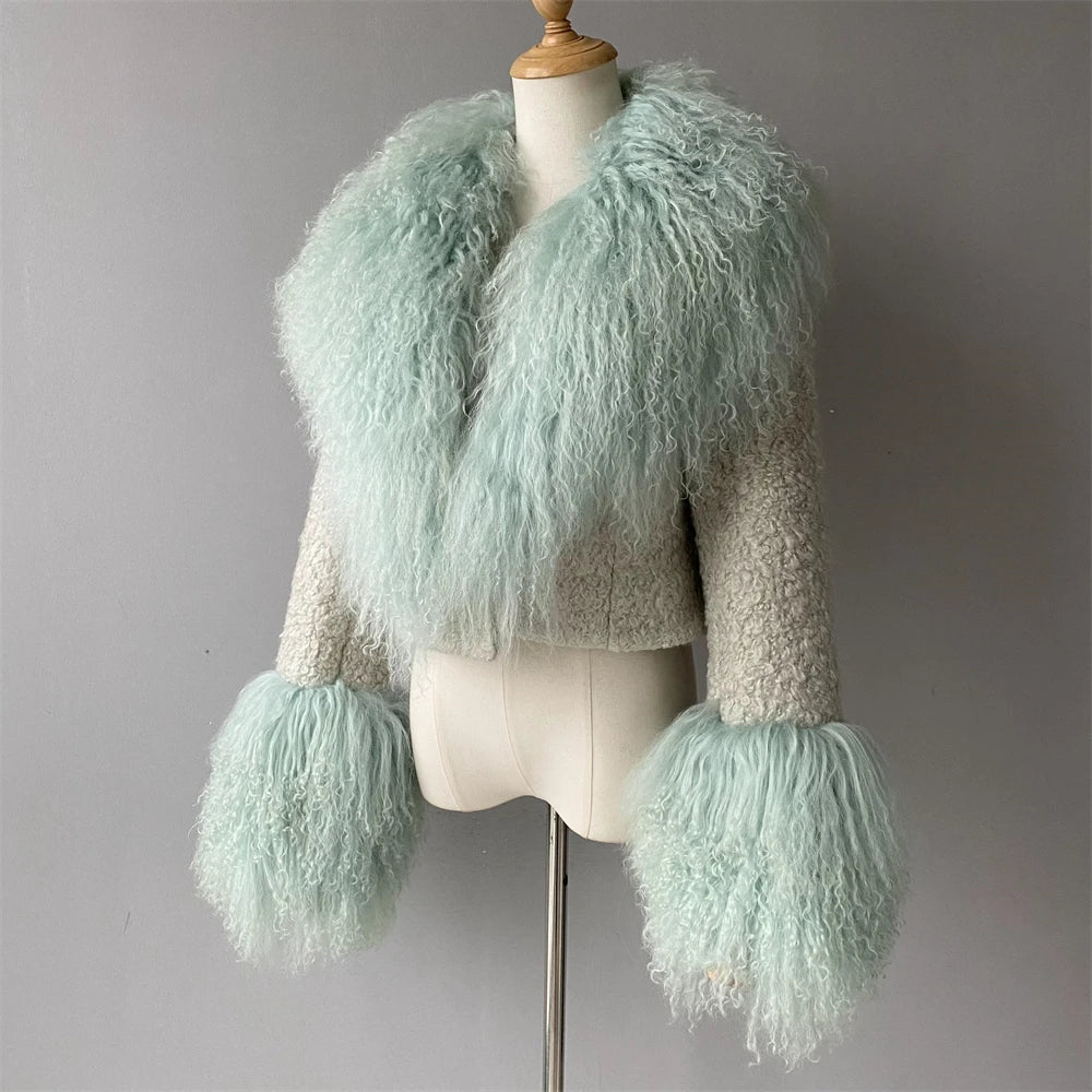 Jxwatcher Wool Coat for Women Real Mongolian Fur Collar Cuffs Winter Fashion Solid Color Tweed Cropped Jacket Fall New Arrival
