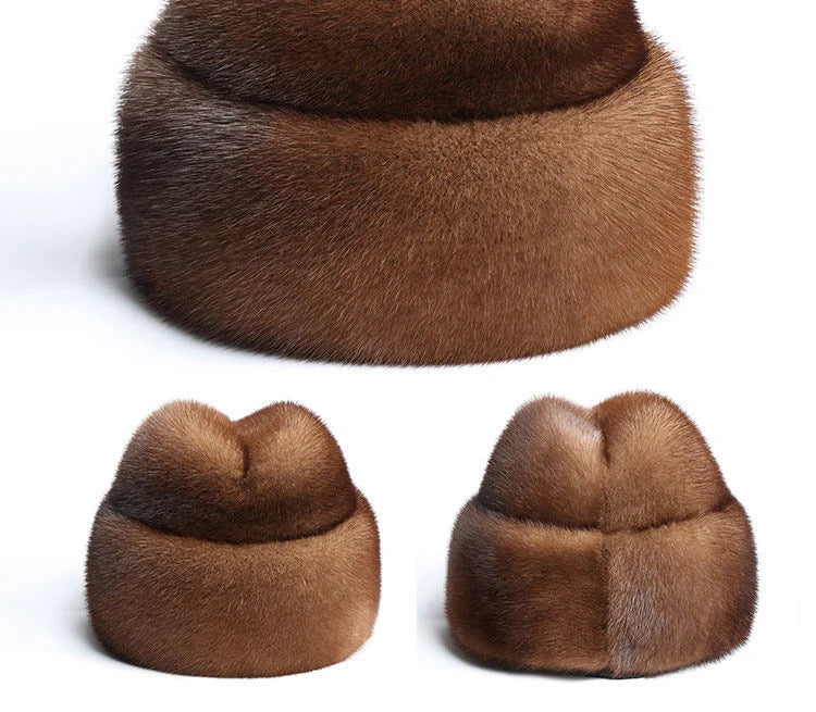 Winter Thickened Genuine Mink Fur Bomber Hat For Man Black/Brown Tag Elderly Ear Warm Chapeau Motorcycle Russian Style Mink Caps
