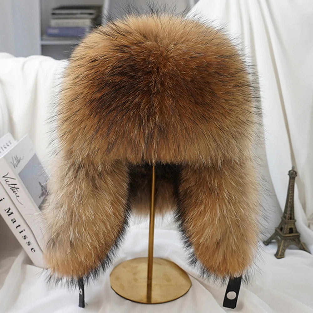 100% Real Silver Fox Fur Bomber Hat Raccoon Fur Real Leather