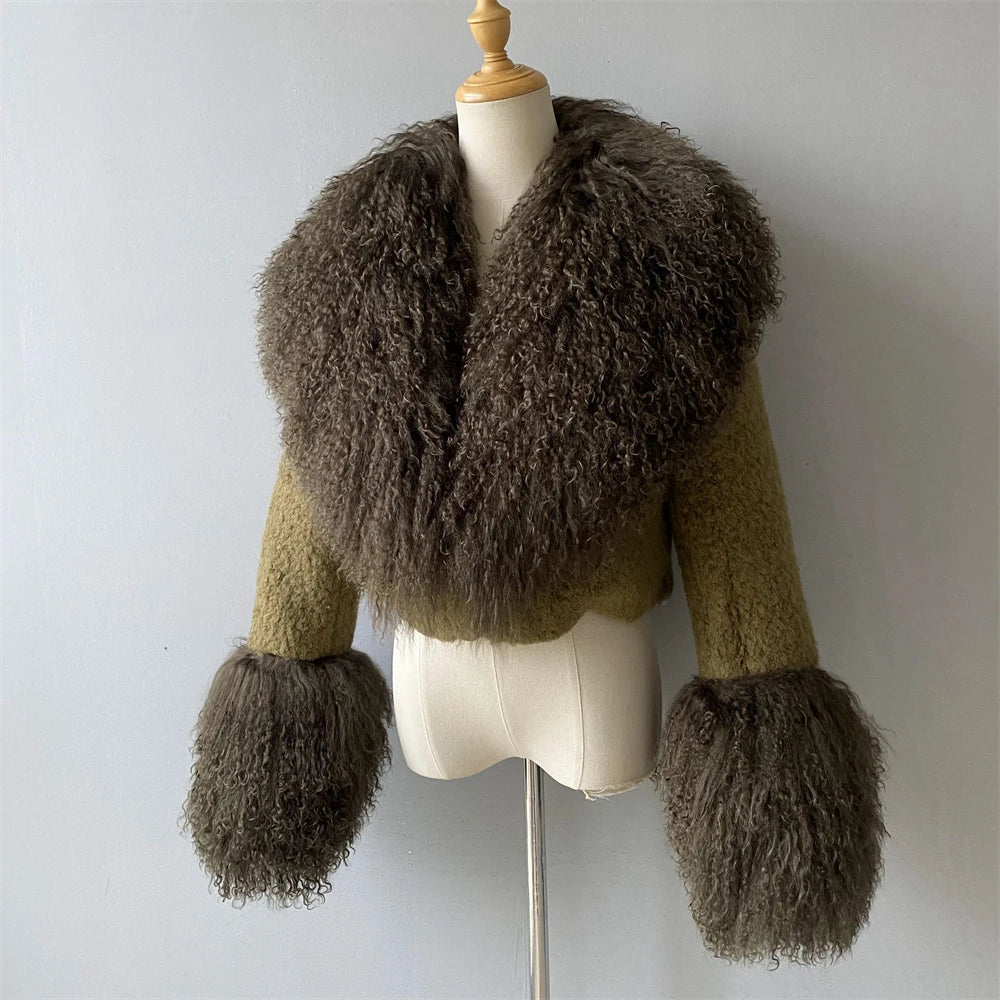 Jxwatcher Wool Coat for Women Real Mongolian Fur Collar Cuffs Winter Fashion Solid Color Tweed Cropped Jacket Fall New Arrival