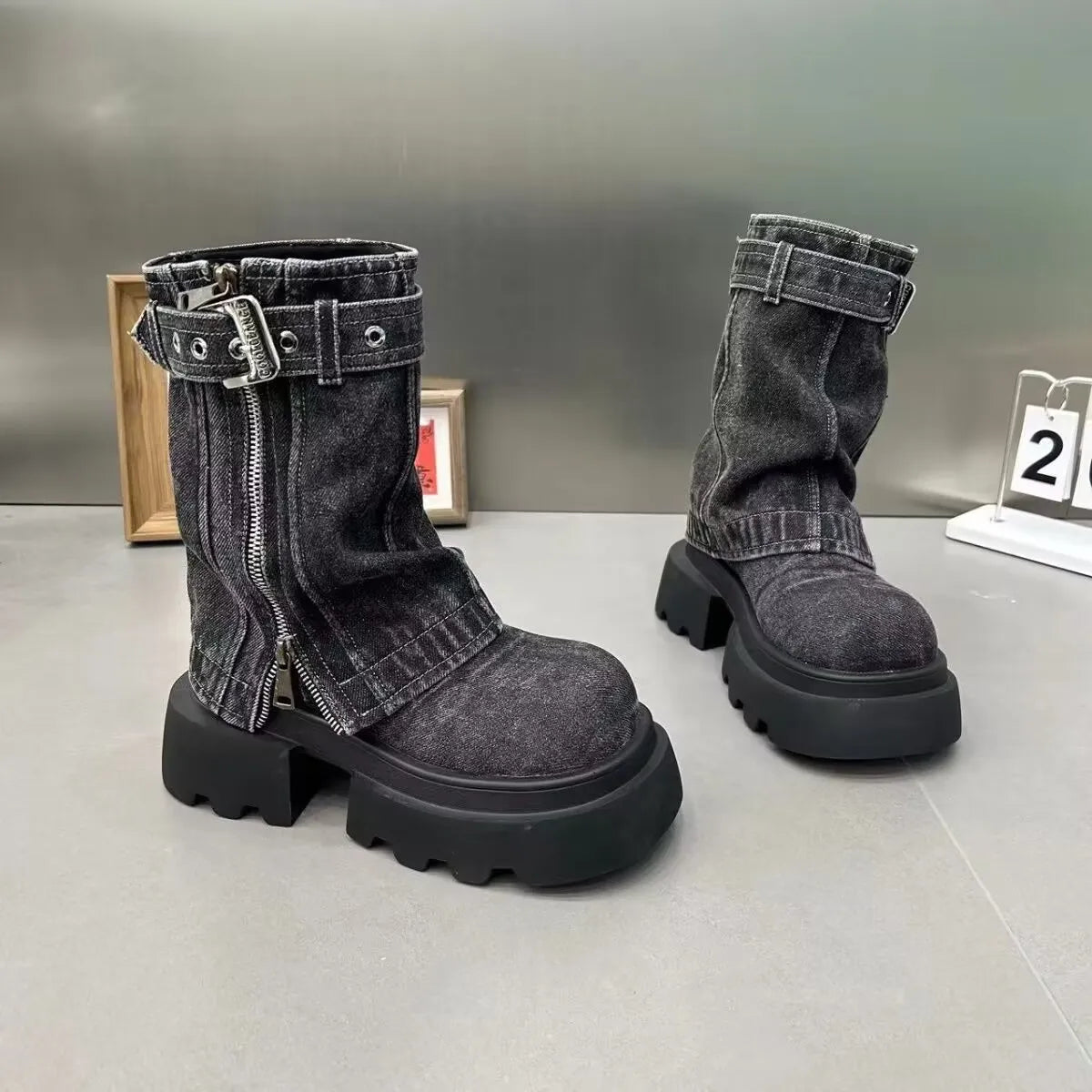 Denim Women Boots for Cowboy Mid-calf Boots Zipper Ladies Platform Boots Mid Heels Designer Shoes 2024 Motorcycle Boot Zapatos