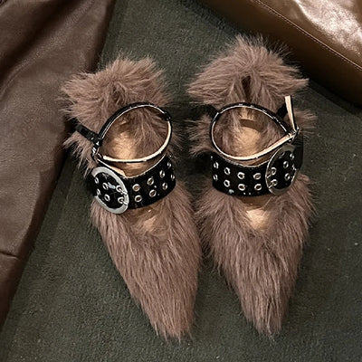 Aneikeh Spring/Autumn Fashion Flock High Heels Shoes For Women Shallow Pumps FEATHER Pointed Toe Women Shoes Sweet Buckle Strap