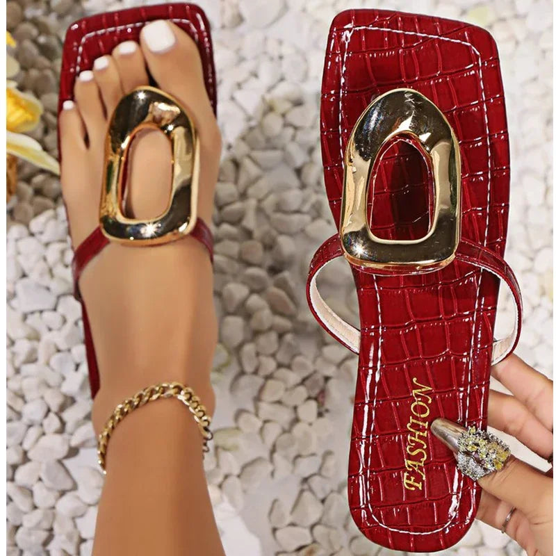 Wine Red Fashion Metal Footwear Women Slippers Flip Flops Summer Beach Female Slides Slippers Luxury Ladies Flats Sandals Shoes