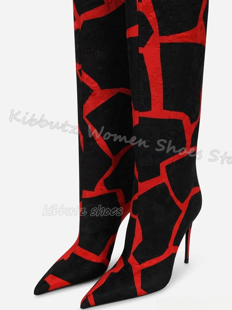 Zebra Print Knee High Boots Genuine Leather Mixed Color Slip-On Elegant Concise Fashion Women Shoes New Pointed Toe Thin Heels