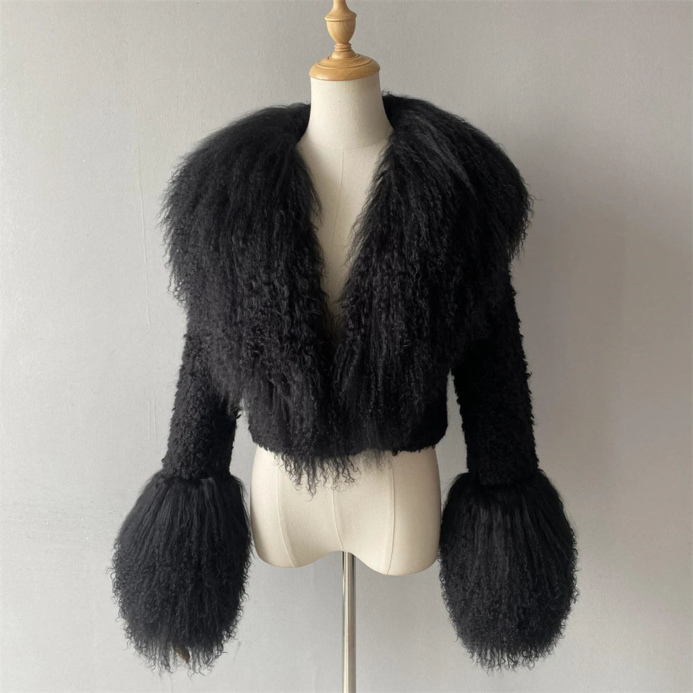 Jxwatcher Wool Coat for Women Real Mongolian Fur Collar Cuffs Winter Fashion Solid Color Tweed Cropped Jacket Fall New Arrival