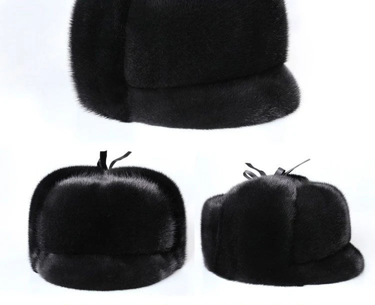 Winter Thickened Genuine Mink Fur Bomber Hat For Man Black/Brown Tag Elderly Ear Warm Chapeau Motorcycle Russian Style Mink Caps