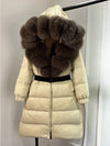 Long Winter Coat. Real Big Fox Fur Collar Belt Loose Puffer