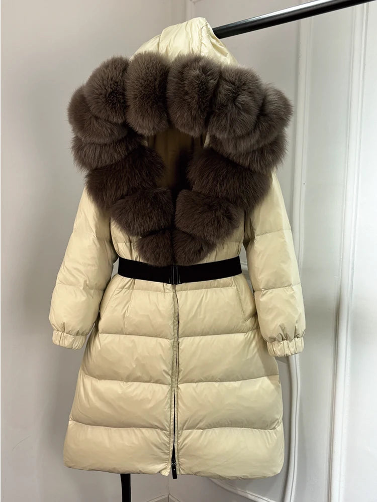 Long Winter Coat. Real Big Fox Fur Collar Belt Loose Puffer
