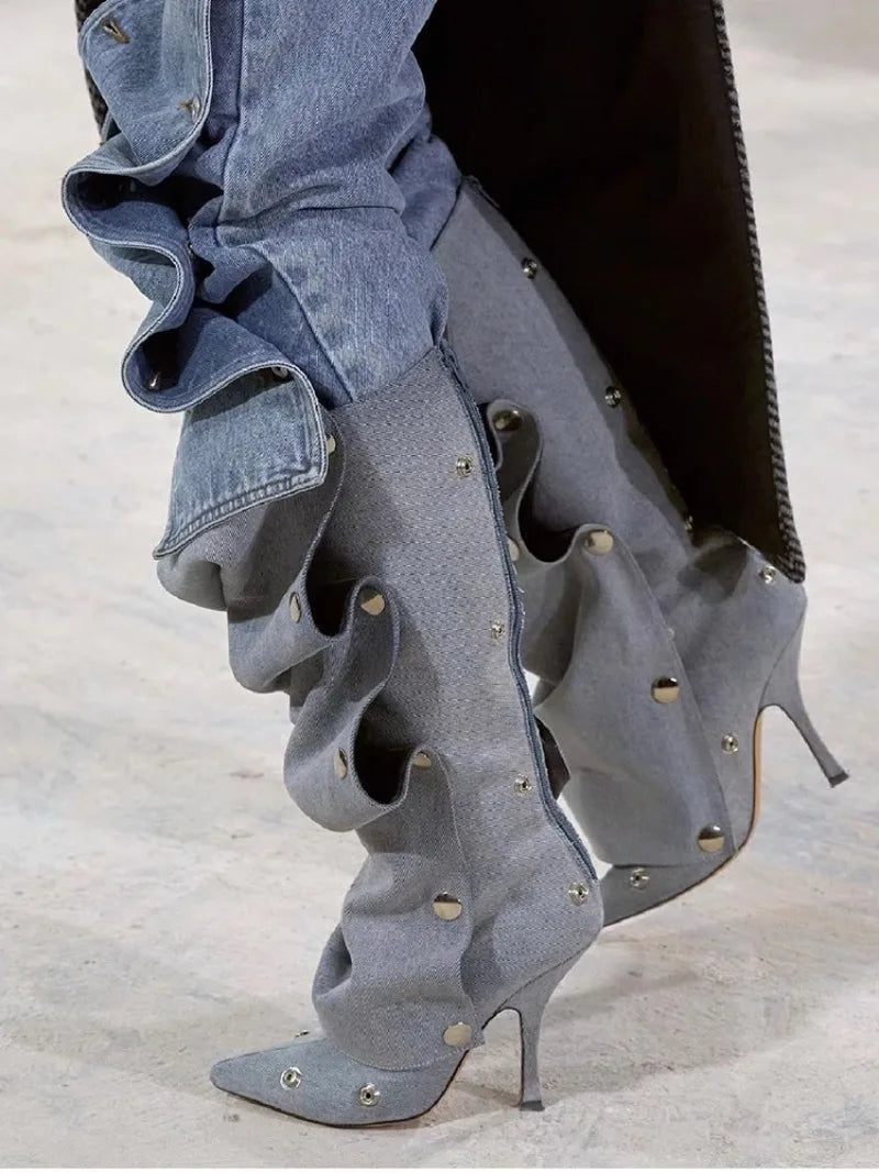 High Heel Long Boots for Women Botte Winter Boots Shoes Botas Mujer Thin Heeled Pointed Denim Metal Button Shoe Zapatos De Mujer