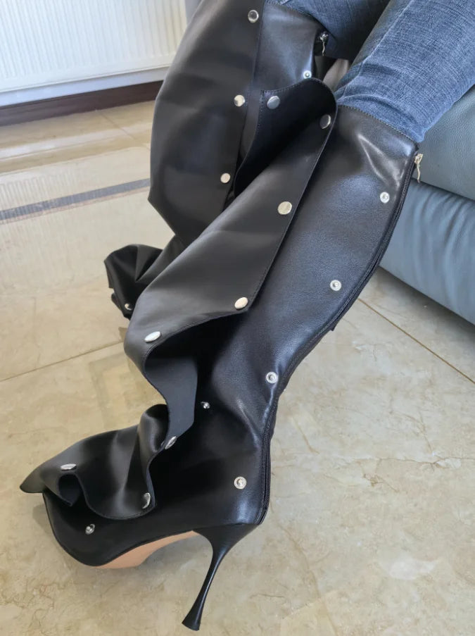 High Heel Long Boots for Women Botte Winter Boots Shoes Botas Mujer Thin Heeled Pointed Denim Metal Button Shoe Zapatos De Mujer