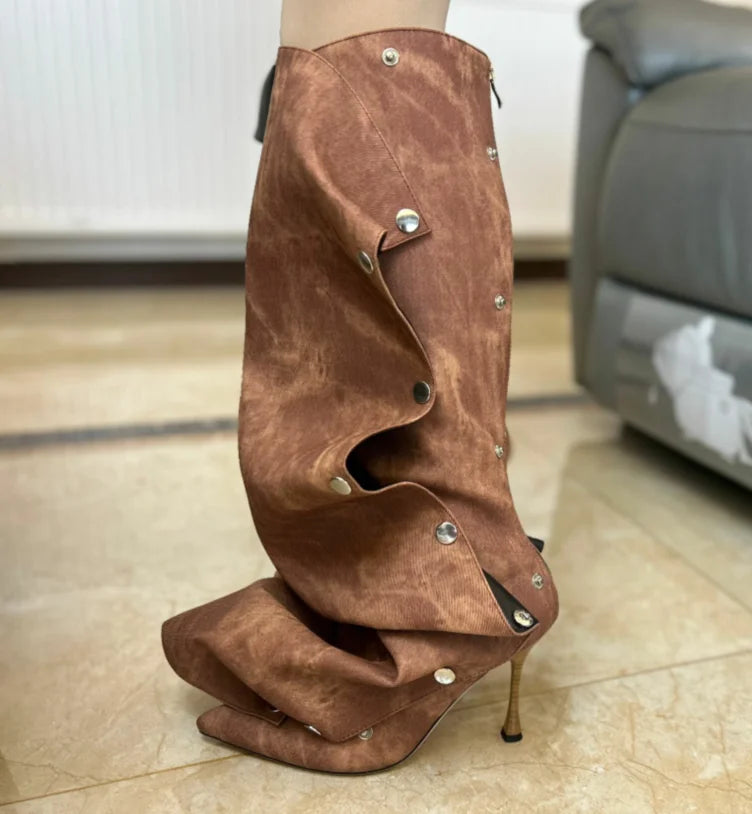 High Heel Long Boots for Women Botte Winter Boots Shoes Botas Mujer Thin Heeled Pointed Denim Metal Button Shoe Zapatos De Mujer