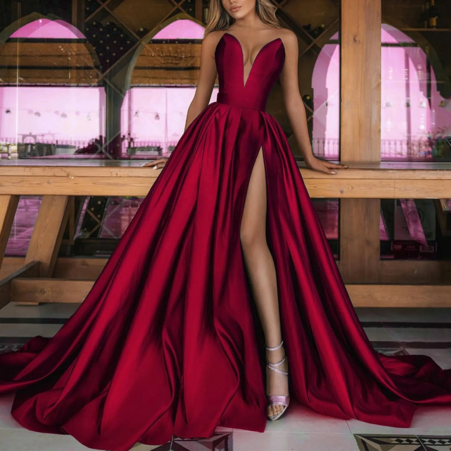 Gold Evening Dress Satin Sleeveless Off The Shoulder Split Bridal Ball Gowns