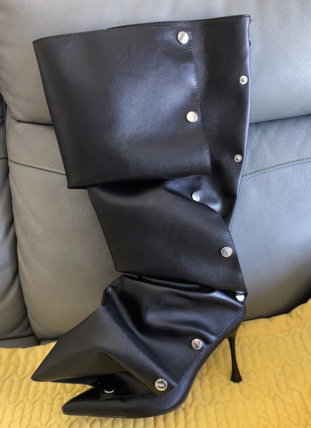 High Heel Long Boots for Women Botte Winter Boots Shoes Botas Mujer Thin Heeled Pointed Denim Metal Button Shoe Zapatos De Mujer