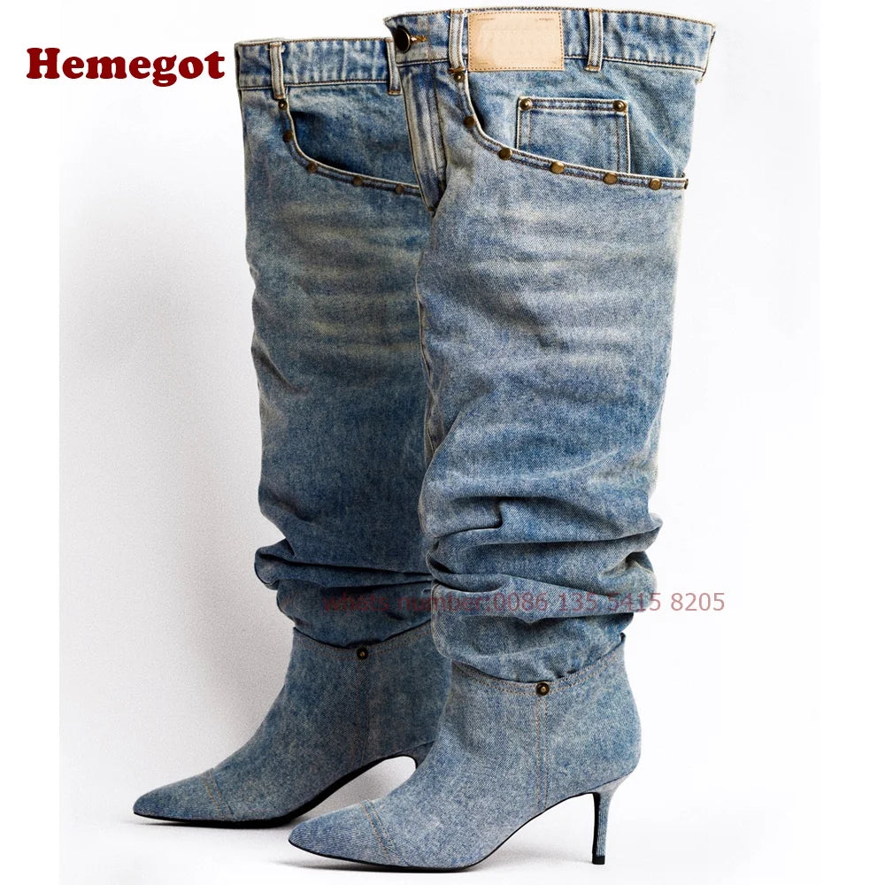Denim Pants Boots Pointy Toe Pleated Over The Knee Boots for Women Winter 2024 Casual Rivet Pocket Decor Patchwork Luxury Shoes