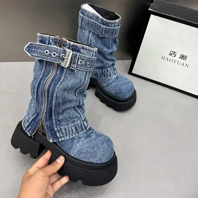 Denim Women Boots for Cowboy Mid-calf Boots Zipper Ladies Platform Boots Mid Heels Designer Shoes 2024 Motorcycle Boot Zapatos