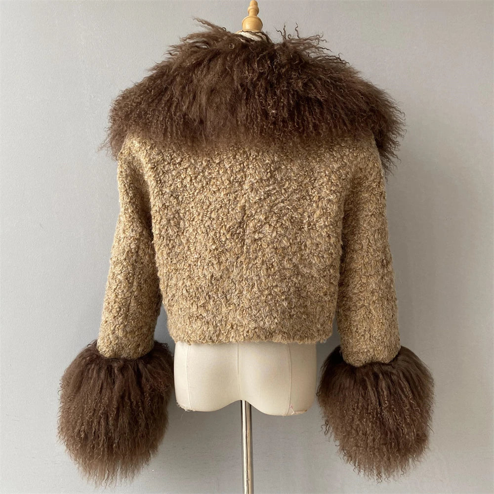 Jxwatcher Wool Coat for Women Real Mongolian Fur Collar Cuffs Winter Fashion Solid Color Tweed Cropped Jacket Fall New Arrival