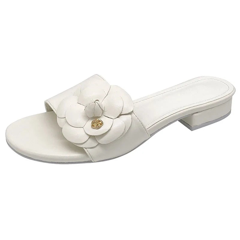 High End Luxury Flower Slippers Women Camellia Shoes Open Toe Slides Femme Outside&Home Pantuflas Sandals Ladies Flip Flops