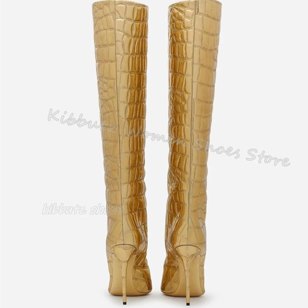Zebra Print Knee High Boots Genuine Leather Mixed Color Slip-On Elegant Concise Fashion Women Shoes New Pointed Toe Thin Heels