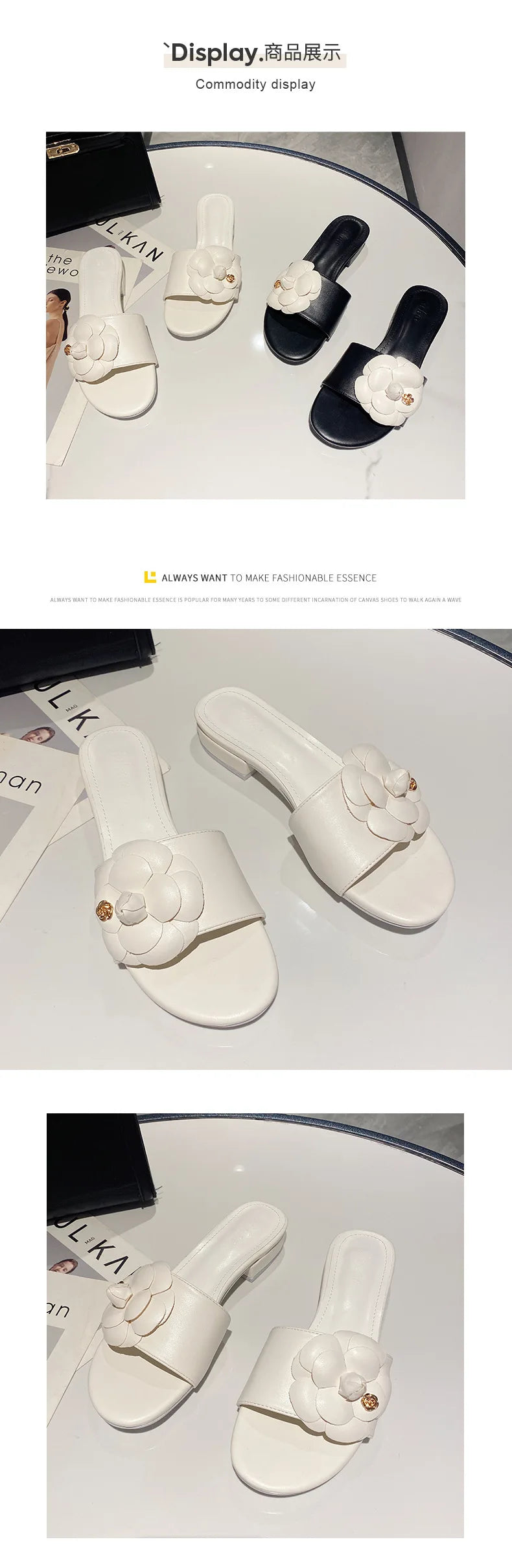 High End Luxury Flower Slippers Women Camellia Shoes Open Toe Slides Femme Outside&Home Pantuflas Sandals Ladies Flip Flops