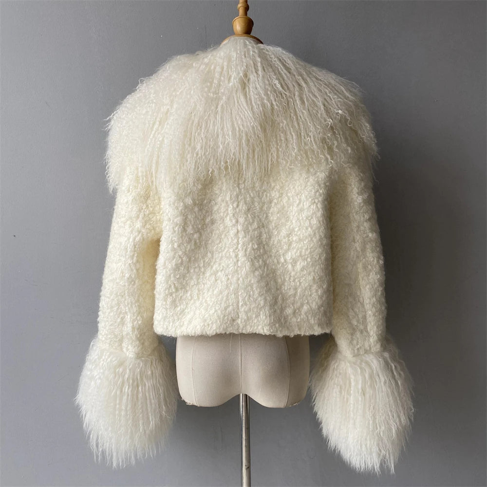 Jxwatcher Wool Coat for Women Real Mongolian Fur Collar Cuffs Winter Fashion Solid Color Tweed Cropped Jacket Fall New Arrival