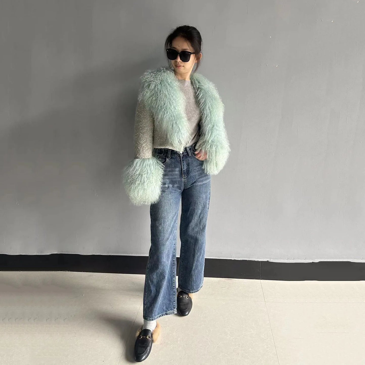 Jxwatcher Wool Coat for Women Real Mongolian Fur Collar Cuffs Winter Fashion Solid Color Tweed Cropped Jacket Fall New Arrival