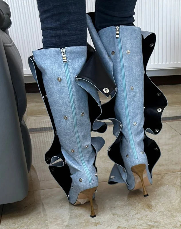 High Heel Long Boots for Women Botte Winter Boots Shoes Botas Mujer Thin Heeled Pointed Denim Metal Button Shoe Zapatos De Mujer
