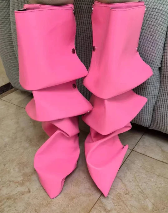 High Heel Long Boots for Women Botte Winter Boots Shoes Botas Mujer Thin Heeled Pointed Denim Metal Button Shoe Zapatos De Mujer