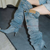 Denim Pants Boots Pointy Toe Pleated Over The Knee Boots for Women Winter 2024 Casual Rivet Pocket Decor Patchwork Luxury Shoes