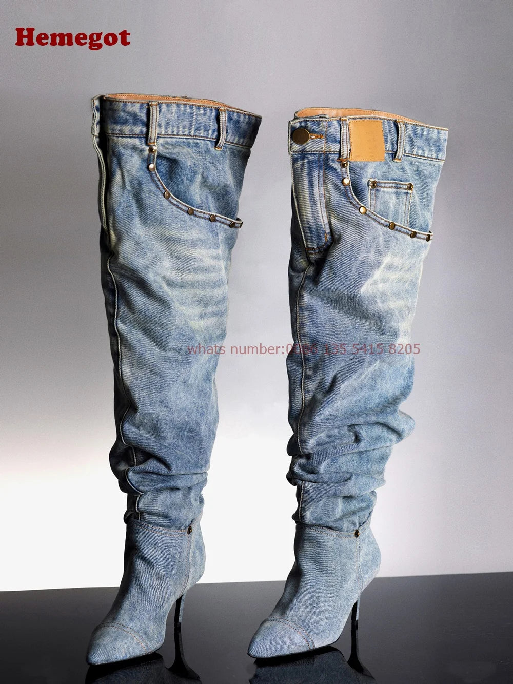 Denim Pants Boots Pointy Toe Pleated Over The Knee Boots for Women Winter 2024 Casual Rivet Pocket Decor Patchwork Luxury Shoes