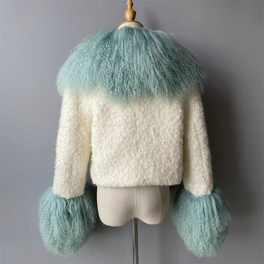 Jxwatcher Wool Coat for Women Real Mongolian Fur Collar Cuffs Winter Fashion Solid Color Tweed Cropped Jacket Fall New Arrival