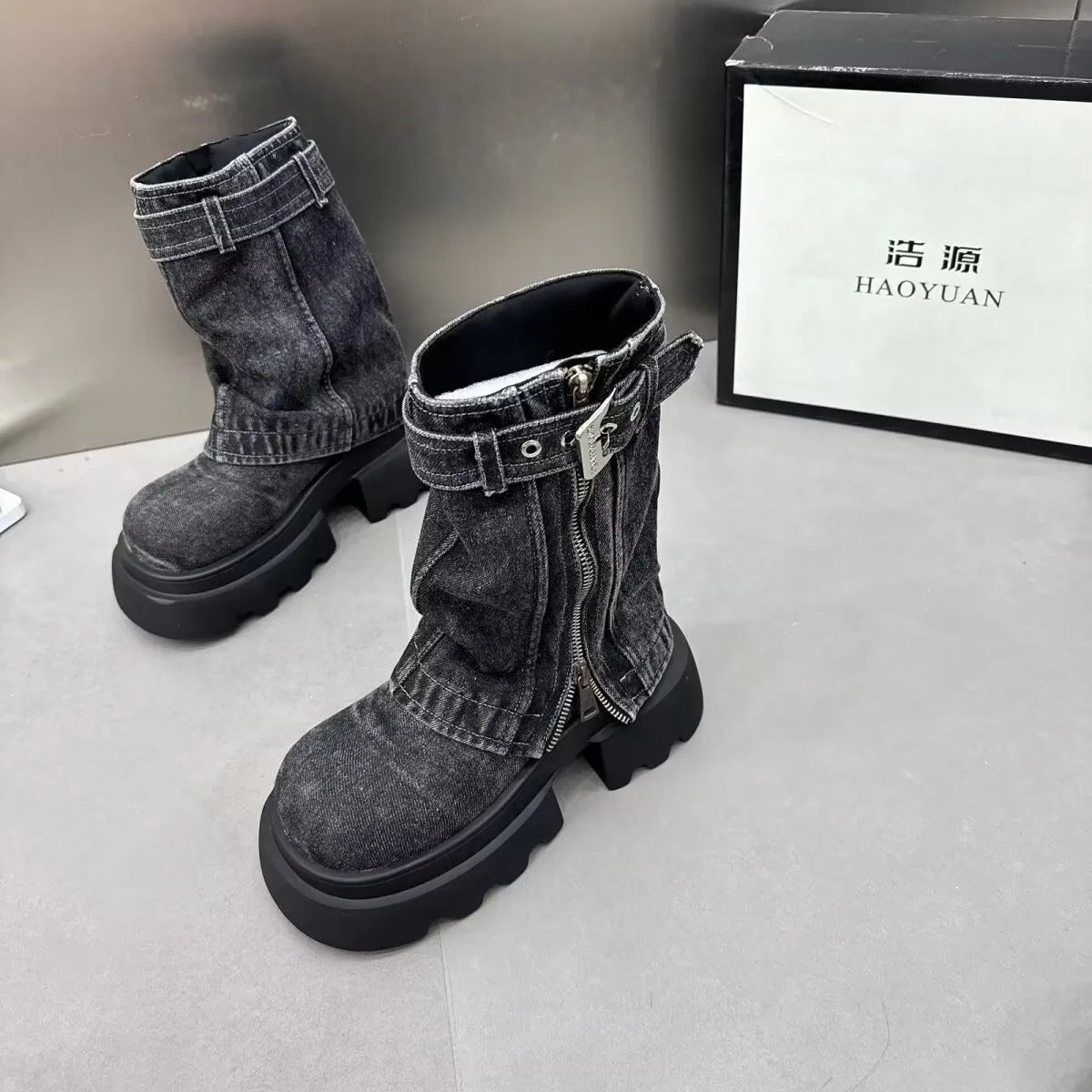 Denim Women Boots for Cowboy Mid-calf Boots Zipper Ladies Platform Boots Mid Heels Designer Shoes 2024 Motorcycle Boot Zapatos