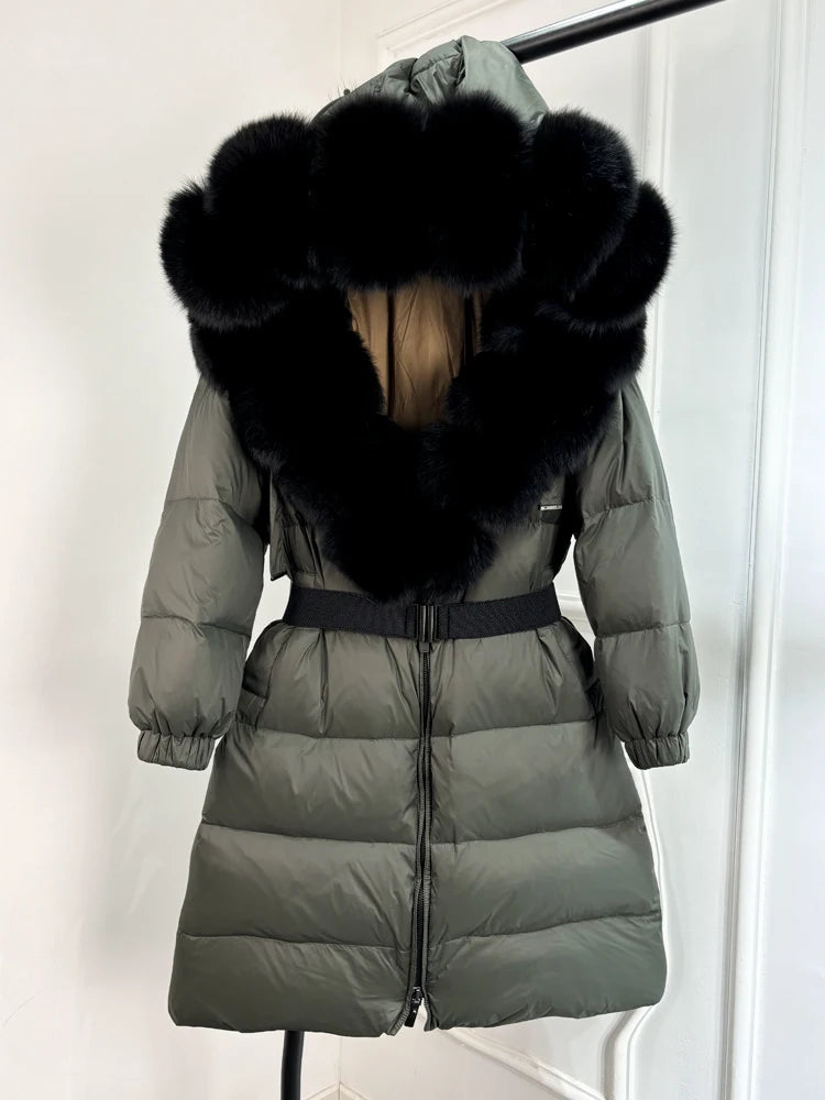 Long Winter Coat. Real Big Fox Fur Collar Belt Loose Puffer