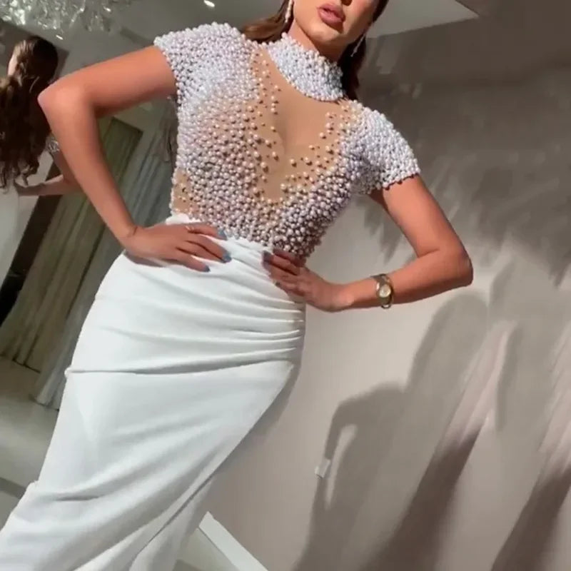 White Sheer Mesh  Pearl Elegant Lady's Evening Gown