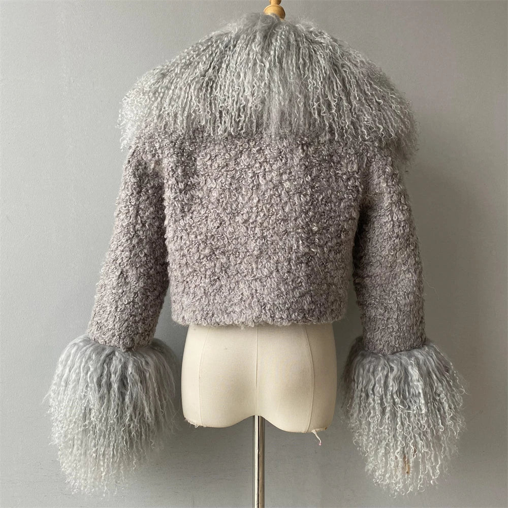 Jxwatcher Wool Coat for Women Real Mongolian Fur Collar Cuffs Winter Fashion Solid Color Tweed Cropped Jacket Fall New Arrival