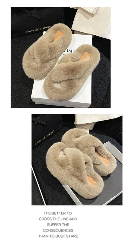 Woman Furry Ladies Faux Fur Luxury Fluffy Plush Slipper House Fuzzy Girl Platform Indoor Flat Casual sandals Round Toe Winter
