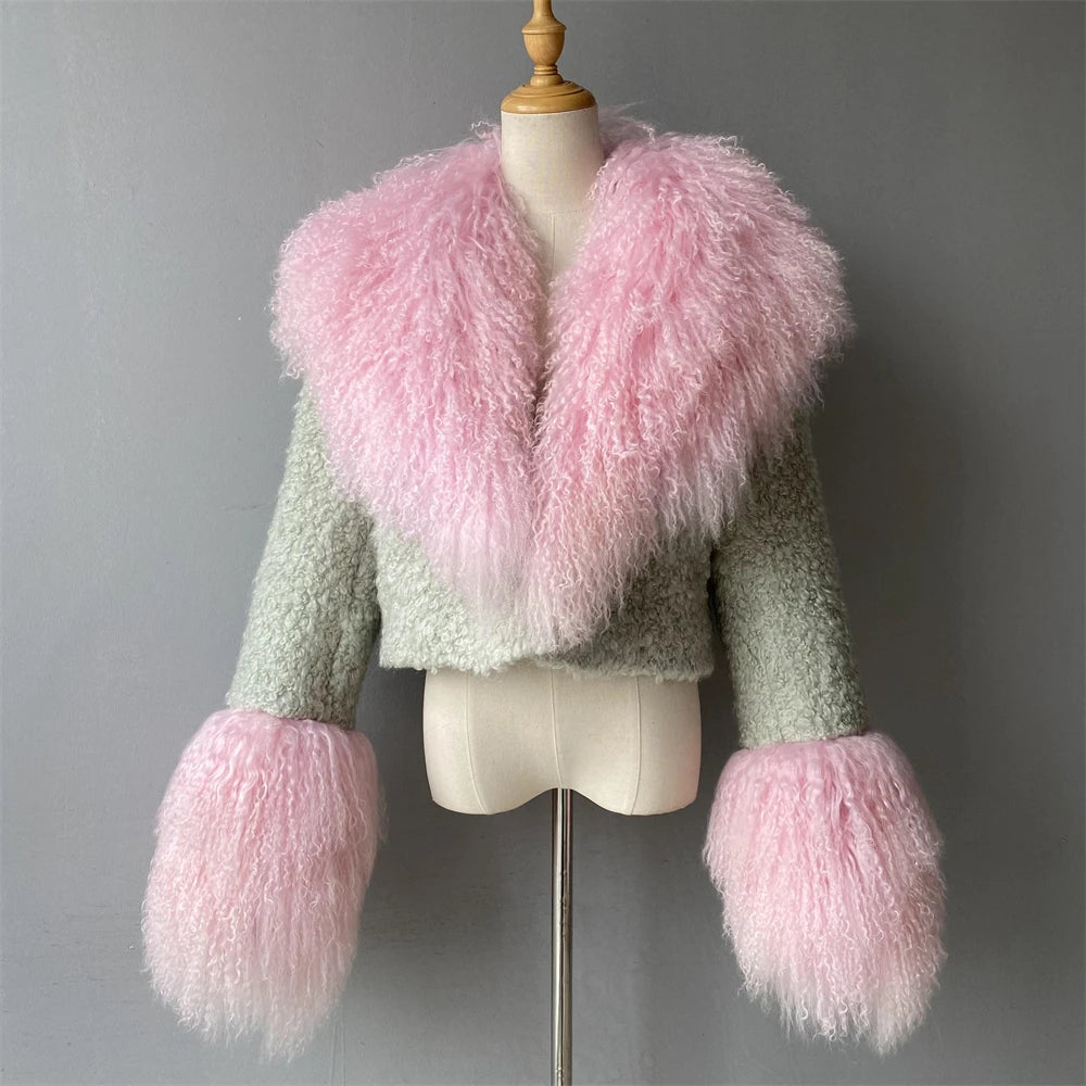 Jxwatcher Wool Coat for Women Real Mongolian Fur Collar Cuffs Winter Fashion Solid Color Tweed Cropped Jacket Fall New Arrival