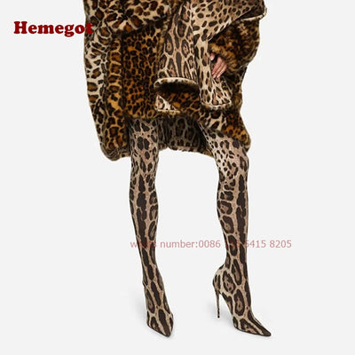 Leopard Elastic Boots Pointy Toe Thigh High Sock Women's Boots Stiletto Heels Casual Runway Party Shoes Casual 2024 Winter Sexy